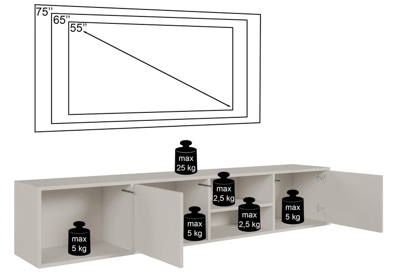 Sanva Hängeschrank für TV mit zwei Türen und drei Fächern, 200 cm, Kaschmir
