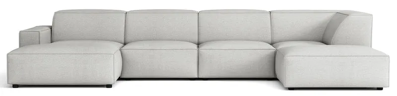 Großes U-förmiges modulares Ecksofa Sellmo mit Pouf, rechtsseitig, hellgrauer hydrophober Chenille-Stoff