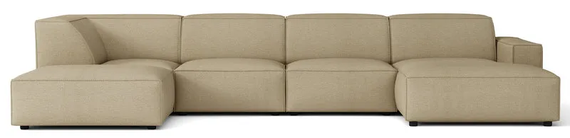 Großes U-förmiges modulares Ecksofa Sellmo mit Pouf, linksseitig, dunkelbeige, hydrophobes Chenille