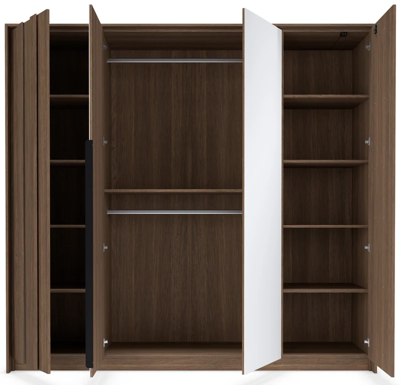 Vier­türiger Amaro-Kleiderschrank mit Spiegel und LED-Beleuchtung, 223 cm, Eiche Dunin