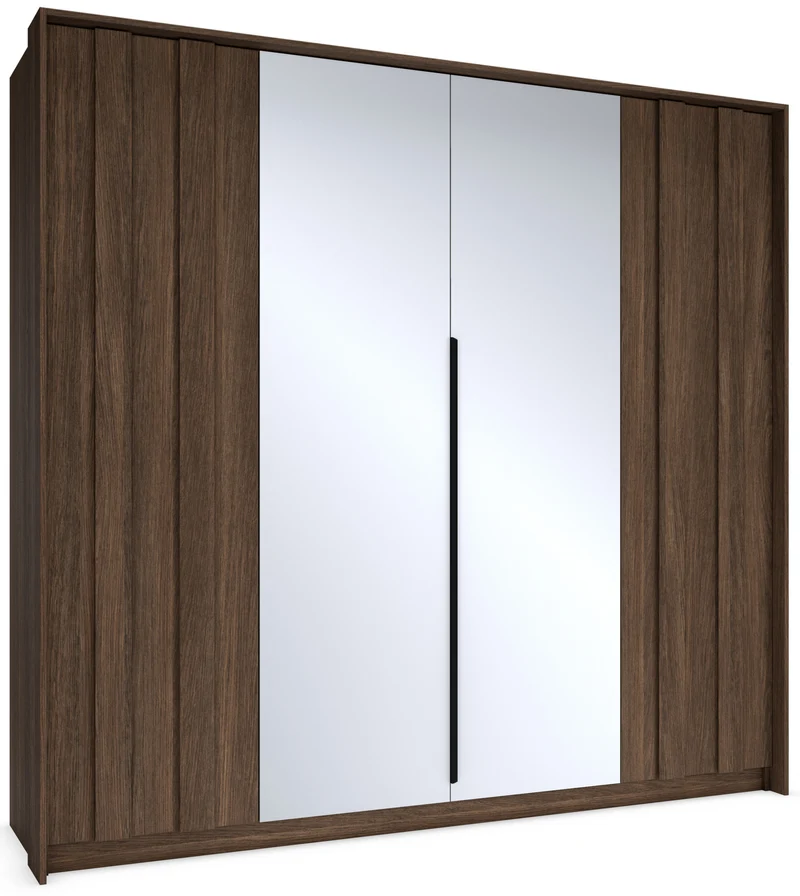 Vier­türiger Amaro-Kleiderschrank mit Spiegel und LED-Beleuchtung, 223 cm, Eiche Dunin