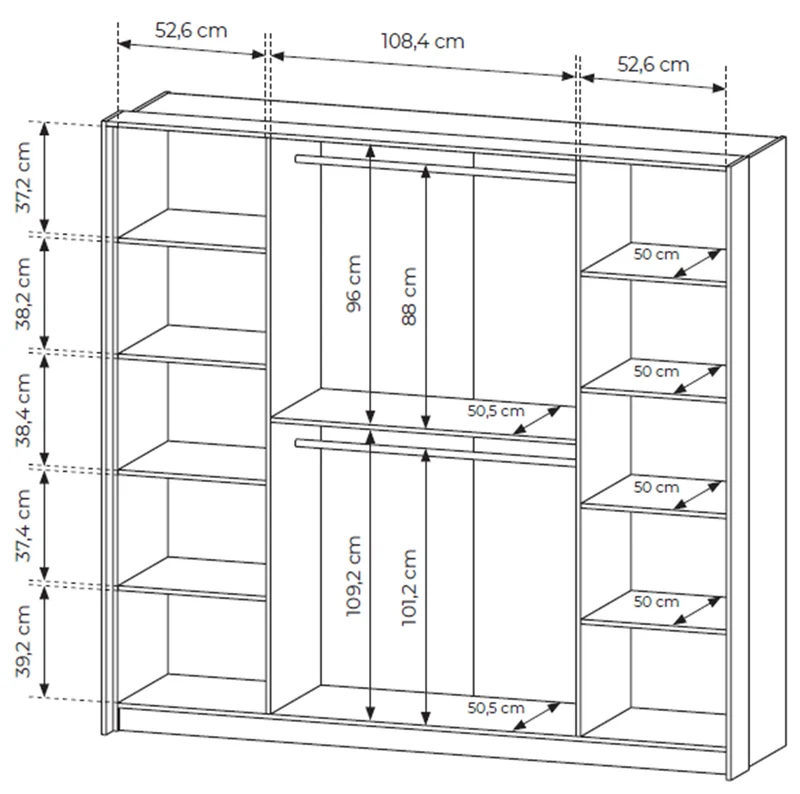 Vier­türiger Amaro-Kleiderschrank mit Spiegel und LED-Beleuchtung, 223 cm, Eiche Dunin