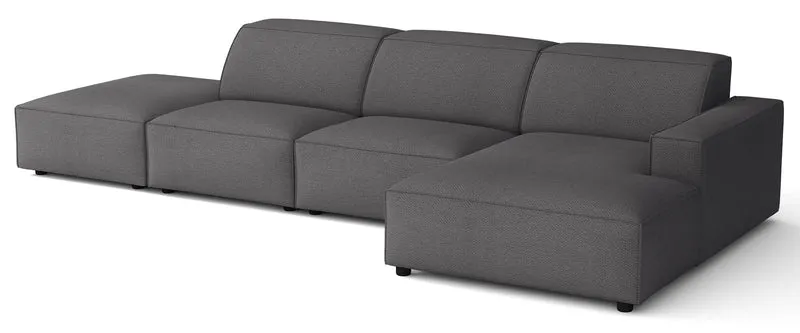 Modulares Ecksofa Sellmo L-förmig mit Hocker, rechtsseitig, dunkelgrauer hydrophober Chenille-Stoff