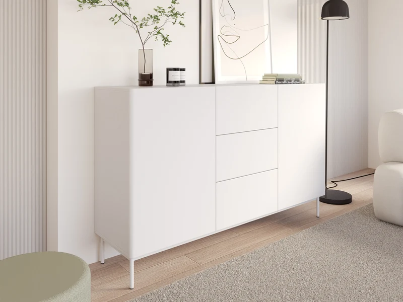 Zweiturige Kommode Olio mit drei Schubladen, 160 cm, weiß