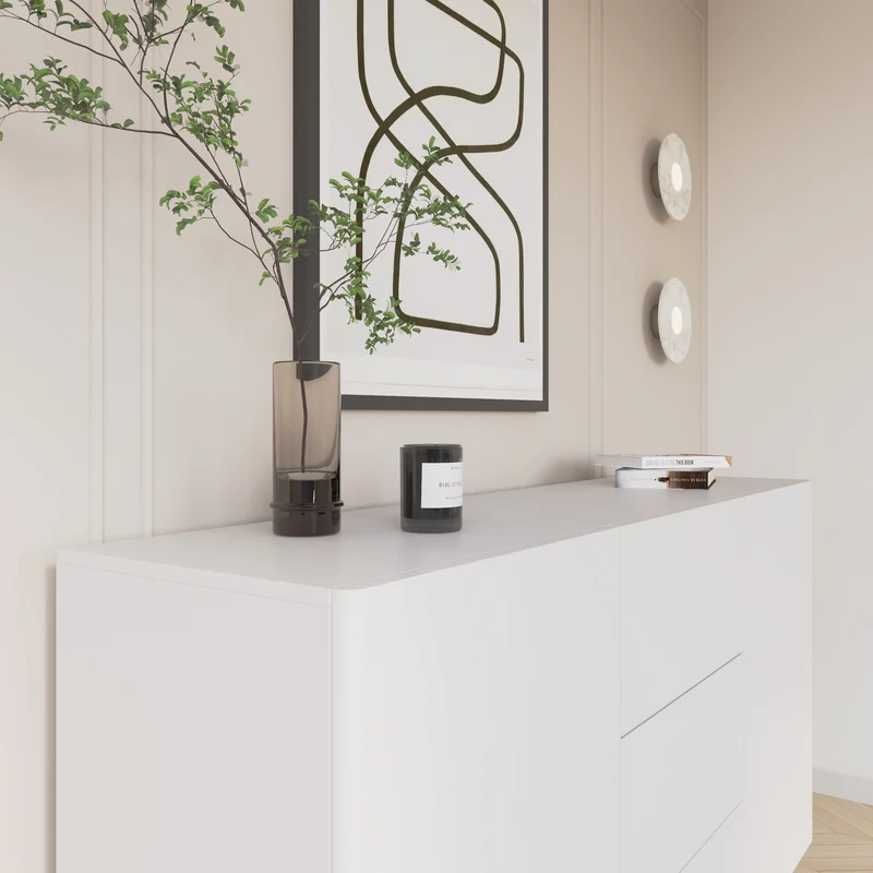 Zweiturige Kommode Olio mit drei Schubladen, 160 cm, weiß