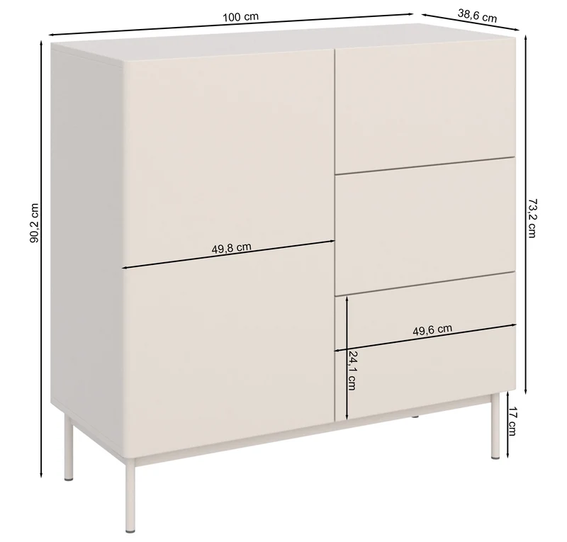 Einzeltür-Kommode Olio mit drei Schubladen, 100 cm, weiß