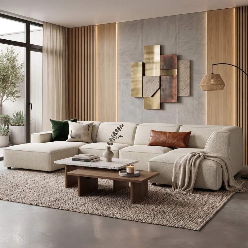 Großes U-förmiges modulares Ecksofa Sellmo mit rechter Ottomane, cremefarbener hydrophober Chenille-Stoff