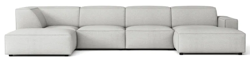 Großes U-förmiges modulares Ecksofa Sellmo mit Hocker, linksseitig, hellgrauer hydrophober Chenille-Stoff
