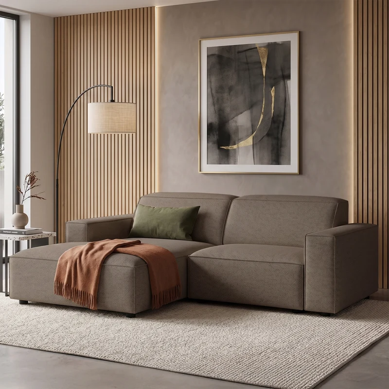 Modulares Ecksofa Sellmo, kleines L-förmiges Modell, linksseitig, hellbrauner hydrophober Chenille-Stoff