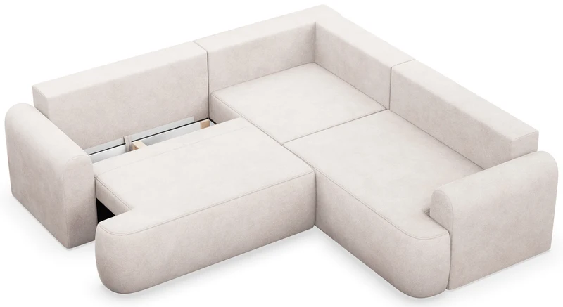 Ecksofa mit Schlaffunktion, Ovo, L-förmig, universell, hellbeige, Samt, pflegeleicht