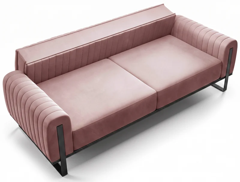 Dreiersofa Parissa, rosa Samt, schwarze Beine