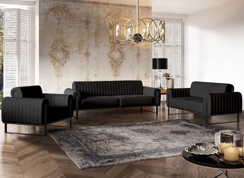 Dreier-Sofa Parissa, schwarzer Samt, schwarze Beine