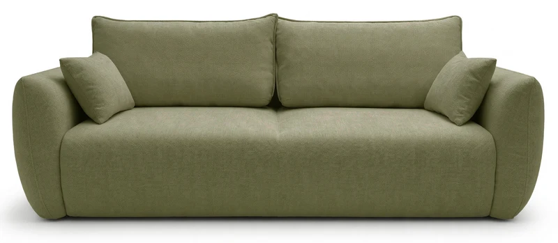 Dreisitziges ausklappbares Sofa Zordo mit Stauraum, olivgrüner Chenille-Bezug