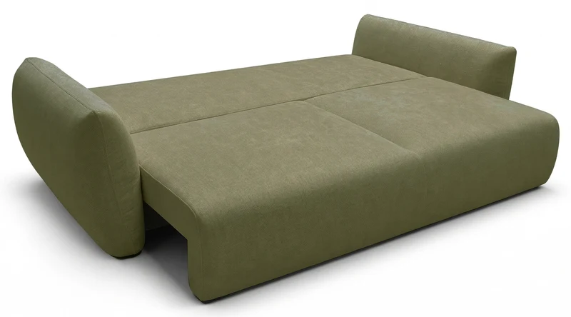 Dreisitziges ausklappbares Sofa Zordo mit Stauraum, olivgrüner Chenille-Bezug