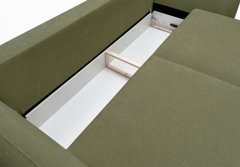 Dreisitziges ausklappbares Sofa Zordo mit Stauraum, olivgrüner Chenille-Bezug