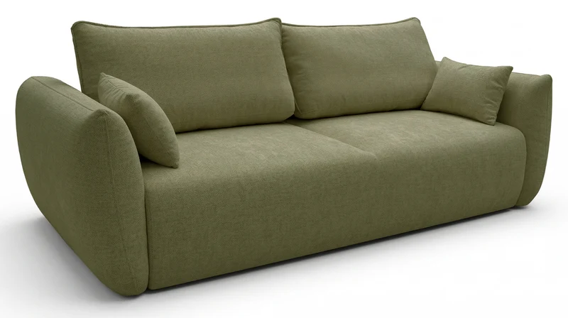 Dreisitziges ausklappbares Sofa Zordo mit Stauraum, olivgrüner Chenille-Bezug