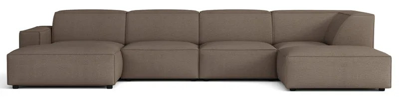 Großes U-förmiges modulares Ecksofa Sellmo mit Hocker, rechtsseitig, hellbrauner hydrophober Chenille-Stoff