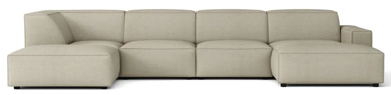 Großes, linksseitiges U-förmiges Modul-Ecksofa Sellmo mit Hocker, grau-beige, hydrofober Chenille-Stoff