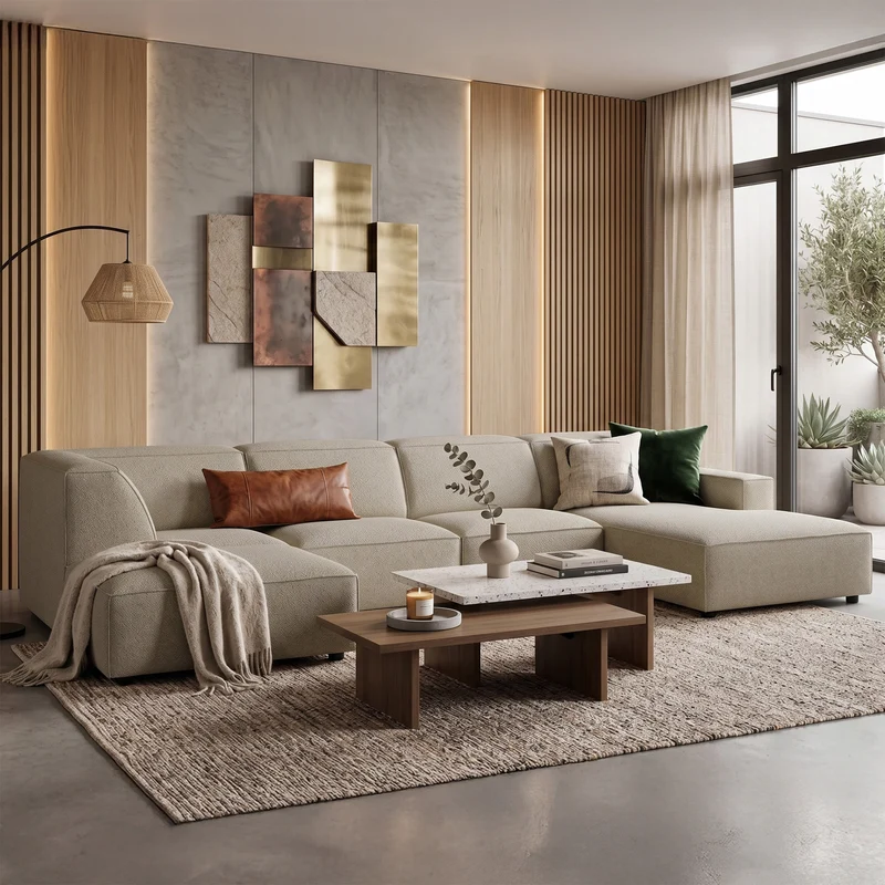 Großes, linksseitiges U-förmiges Modul-Ecksofa Sellmo mit Hocker, grau-beige, hydrofober Chenille-Stoff