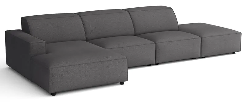 Modulares Ecksofa Sellmo, L-förmig mit Hocker, linksseitig, dunkelgrauer hydrophober Chenille-Stoff