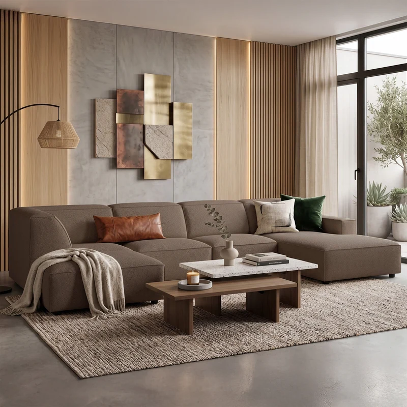 Großes U-förmiges modulares Ecksofa Sellmo mit Hocker, linksseitig, hellbrauner hydrophober Chenille-Stoff