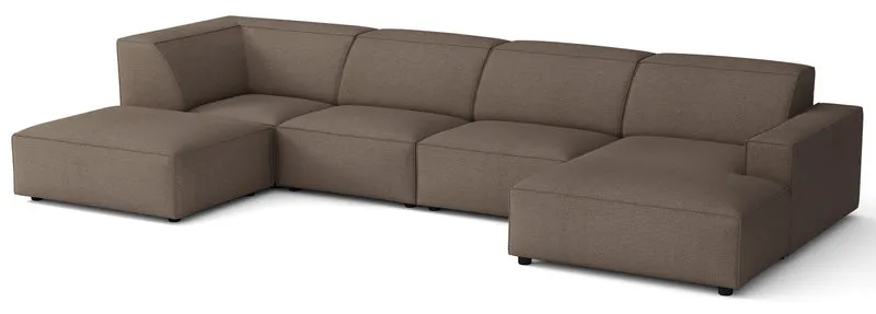 Großes U-förmiges modulares Ecksofa Sellmo mit Hocker, linksseitig, hellbrauner hydrophober Chenille-Stoff