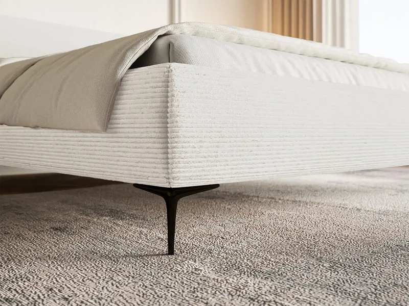 Polsterbett 180x200 cm Roule Cord mit Stauraum, Metallrahmen, cremefarbener Cordstoff, schwarze Füße
