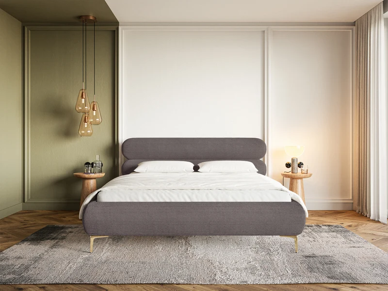 Polsterbett 180x200 cm Roule Cord braun Cord Stoff goldene Beine