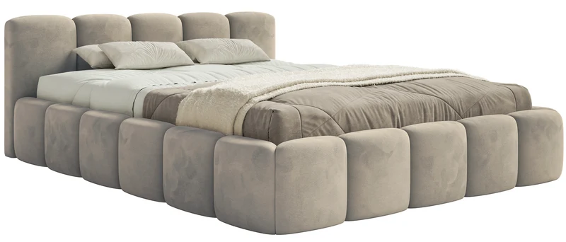 Polsterbett 200x200 cm Cloudy Low, grau-beige, Velours, wasserabweisend, pflegeleicht, Holzrahmen