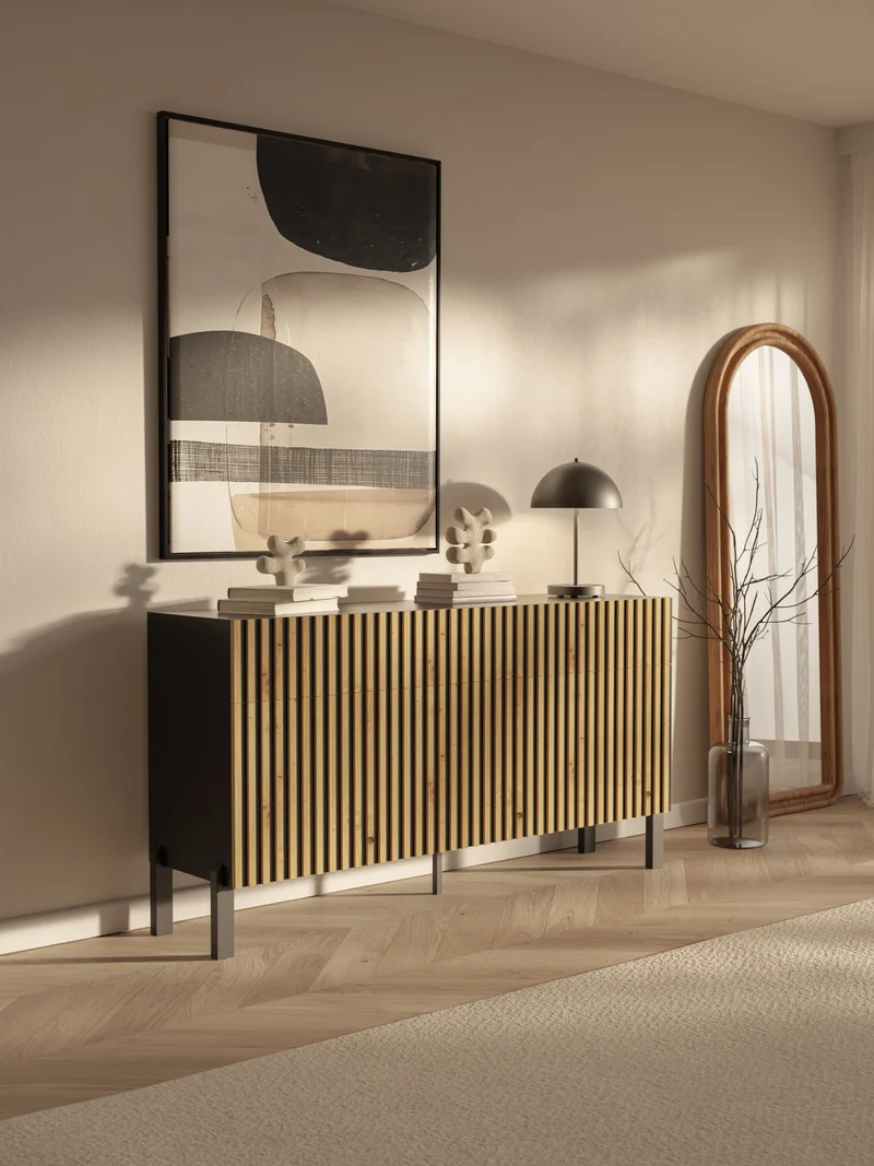 Drehtür-Kommode Telire 154 cm mit drei Schubladen und Lamellenfront, schwarz/Artisan-Eiche