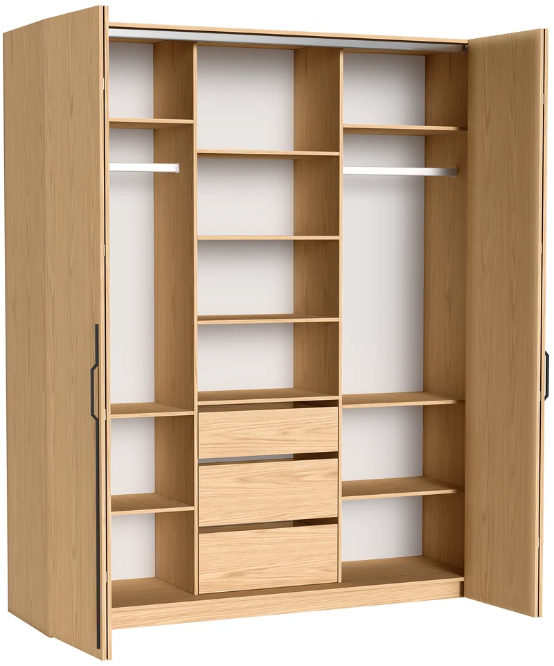 Zweiturige Bari-Garderobe mit drei Schubladen, 200 cm, Eiche Bookmatch