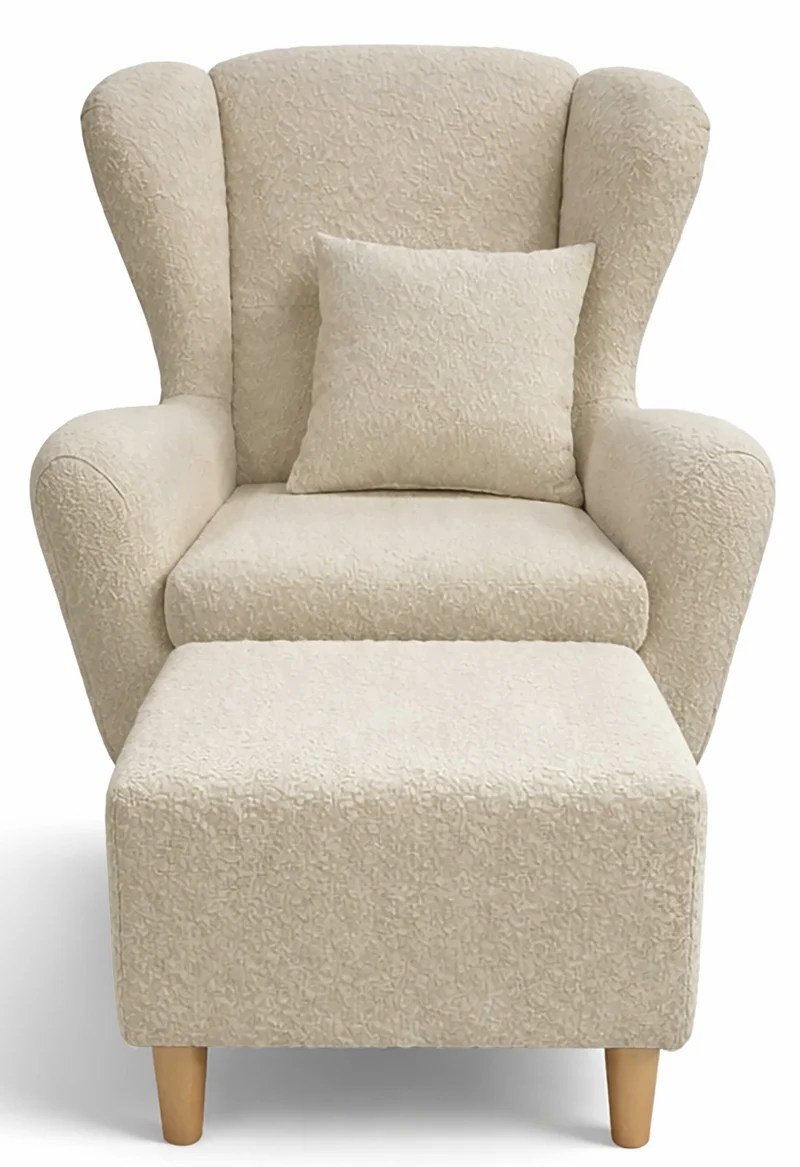 Ohrensessel Teddlo mit Fußhocker, beige Chenille, Buchenholzbeine