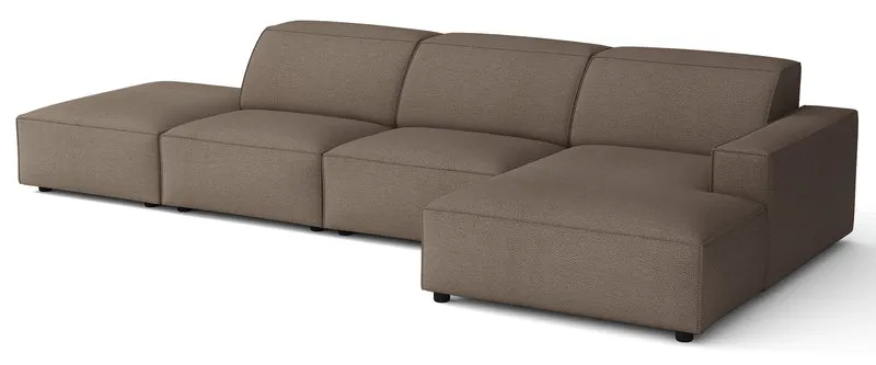 Modulares Ecksofa Sellmo L-förmig mit Ottomane, rechtsseitig, hellbrauner hydrofober Chenillestoff