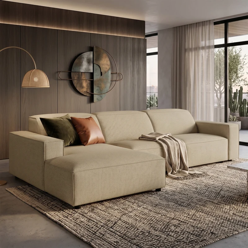 Modulares Ecksofa Sellmo, L-förmig, linksseitig, dunkelbeige, hydrophobes Chenille