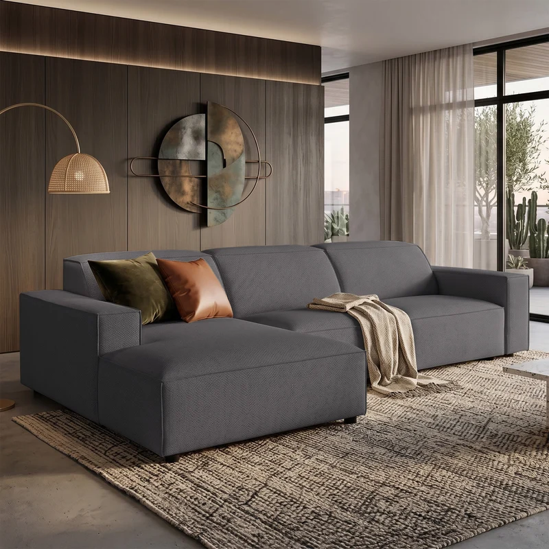 Modulares Ecksofa Sellmo, L-förmig, linksseitig, dunkelgrauer hydrophober Chenillestoff