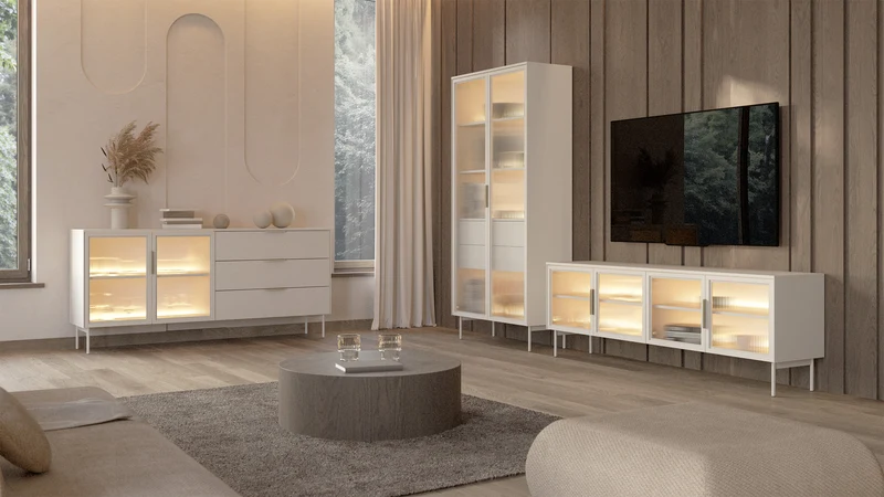 Zweiturige Vitrine Lumi mit drei Schubladen und LED-Beleuchtung, 181 cm, Kaschmir