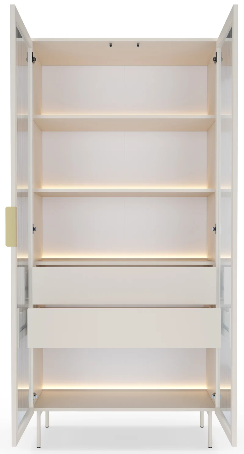 Zweiflügelige Vitrine Lumi mit zwei Schubladen und LED-Beleuchtung, 91 cm, Kaschmir