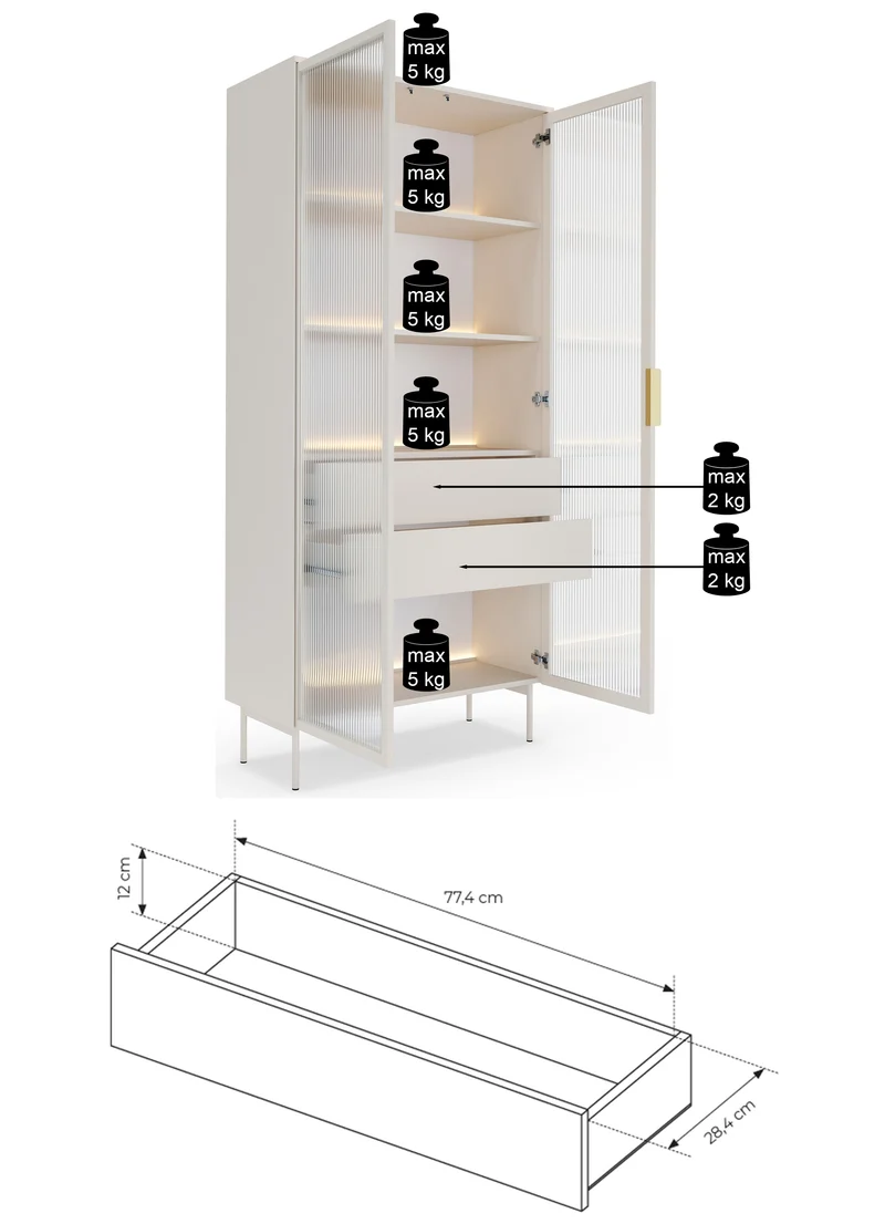 Zweiflügelige Vitrine Lumi mit zwei Schubladen und LED-Beleuchtung, 91 cm, Kaschmir