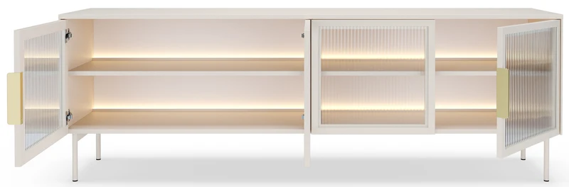 Vierflügeliger TV-Schrank Lumi mit Glastüren und LED-Beleuchtung, 181 cm, Kaschmirfarben