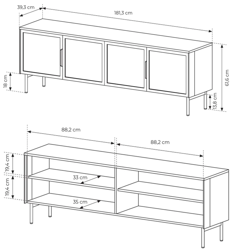 Vierflügeliger TV-Schrank Lumi mit Glastüren und LED-Beleuchtung, 181 cm, Kaschmirfarben