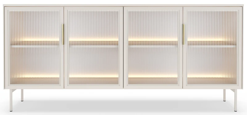Vierteilige Glaskommode Lumi mit LED-Beleuchtung, 181 cm, Kaschmirfarben