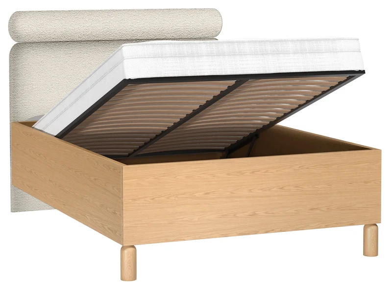 Bett mit gepolstertem Kopfteil 140x200 cm Sanden mit Stauraum und Metallrahmen in cremefarbenem Bouclé, wasserabweisend