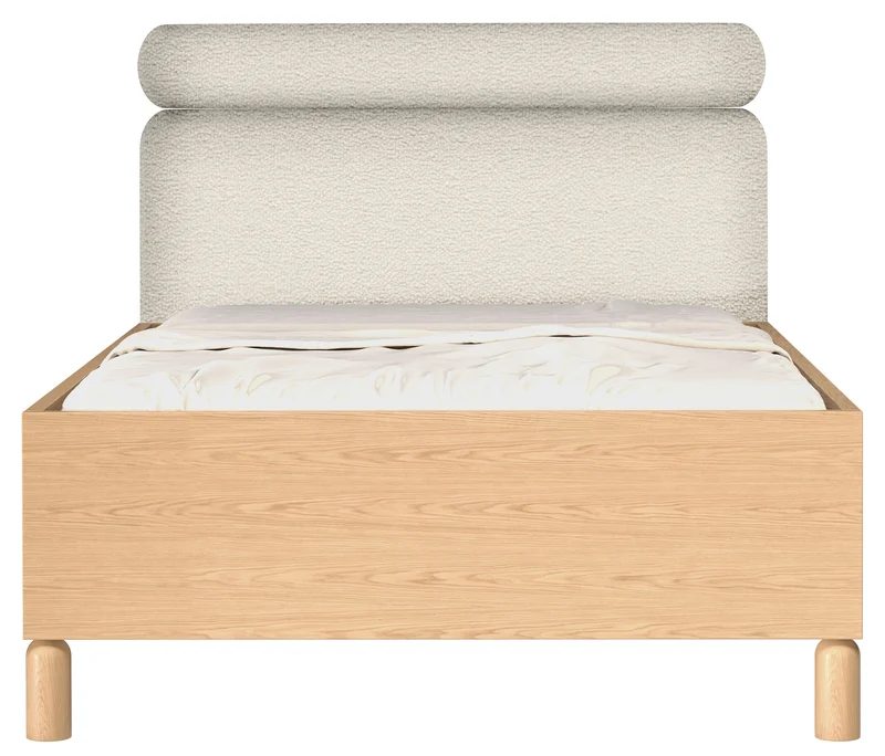 Bett mit gepolstertem Kopfteil 140x200 cm Sanden mit Stauraum und Metallrahmen in cremefarbenem Bouclé, wasserabweisend
