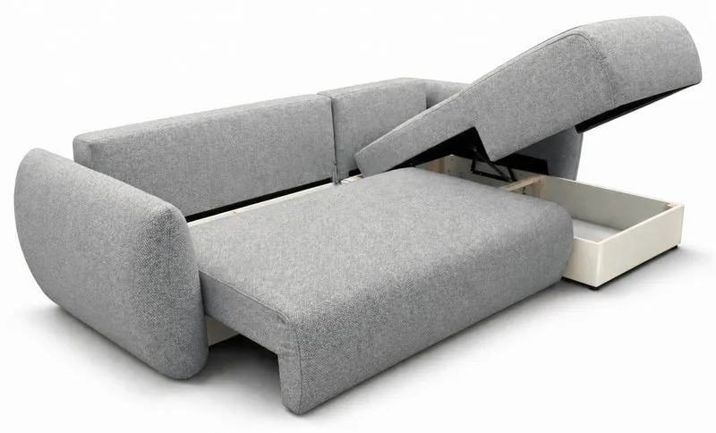 Ecksofa mit Schlafunktion Zordo, L-förmig, rechtsseitig, mit zwei Stauraumfächern, grauer Chenille-Stoff