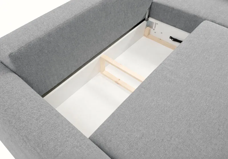 Ecksofa mit Schlafunktion Zordo, L-förmig, rechtsseitig, mit zwei Stauraumfächern, grauer Chenille-Stoff
