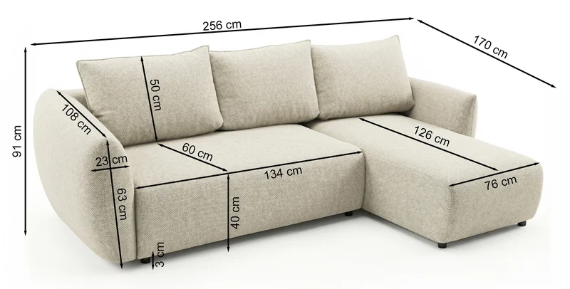 Ecksofa mit Schlaffunktion Zordo, L-förmig, linksseitig, mit zwei Stauraumfächern, hellbrauner Chenille-Stoff