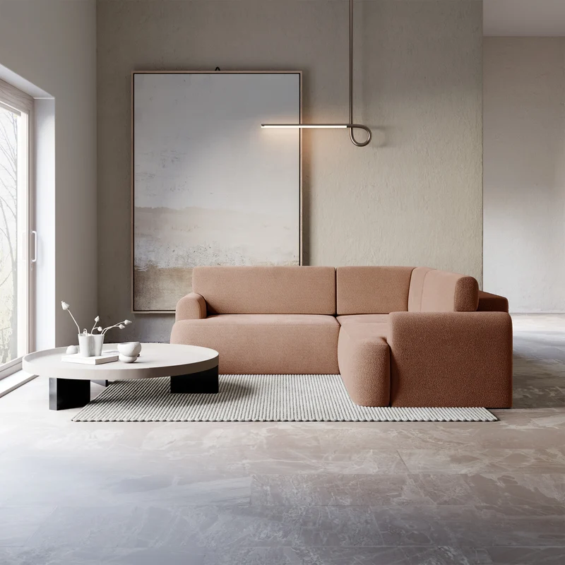 Ecksofa mit Schlaffunktion, Kaveo, L-förmig, universell, pfirsichfarbener Chenille-Stoff