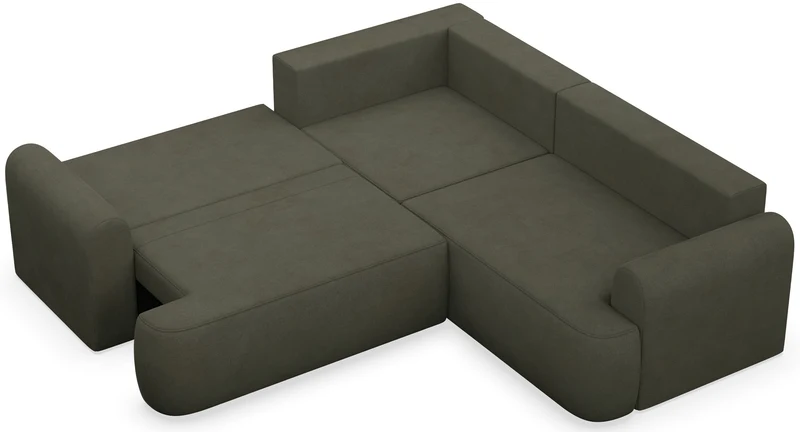 Ecksofa mit Schlaffunktion, Ovo, L-förmig, universell, olivgrüner, leicht zu reinigender Samtbezug