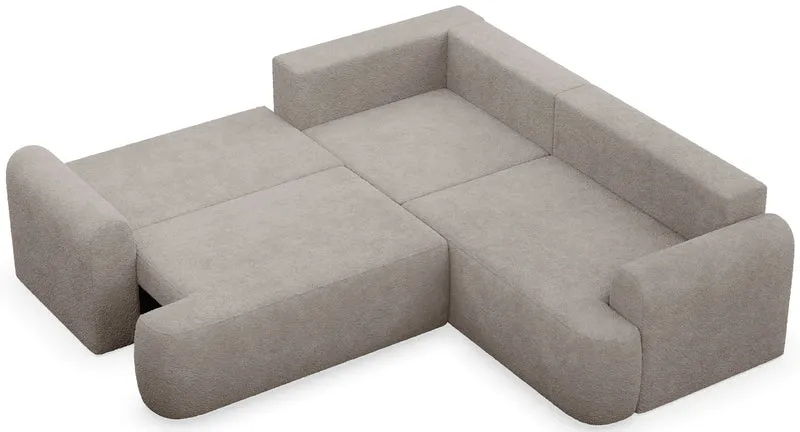 Ecksofa mit Schlaffunktion, universal links- oder rechtsseitig montierbar, Ovo L-förmig, dunkelbeige Bouclé