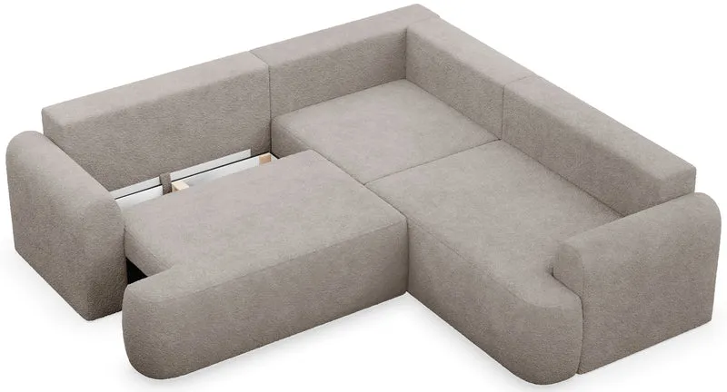 Ecksofa mit Schlaffunktion, universal links- oder rechtsseitig montierbar, Ovo L-förmig, dunkelbeige Bouclé
